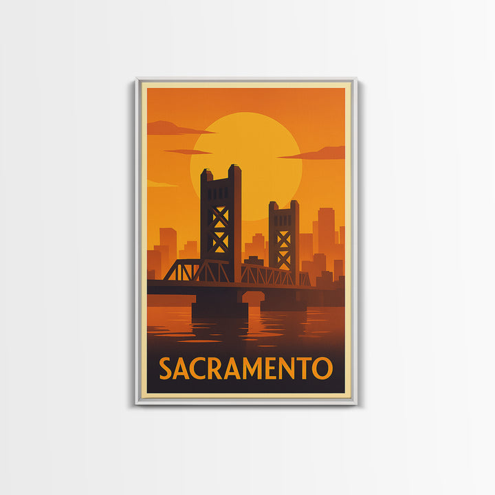 Sacramento Travel Poster, Framed Canvas Print, Warm Sunset Silhouette Art, Sacramento Art Print, City Travel Prints, Fine Art Print