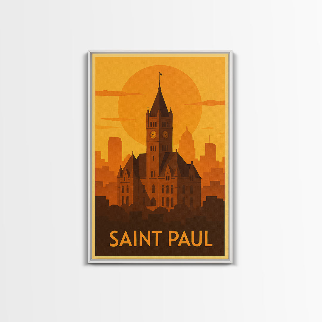 Saint Paul Travel Poster, Framed Canvas Print, Warm Sunset Silhouette Art, Saint Paul City Art, Travel Poster Set, Travel Poster Art