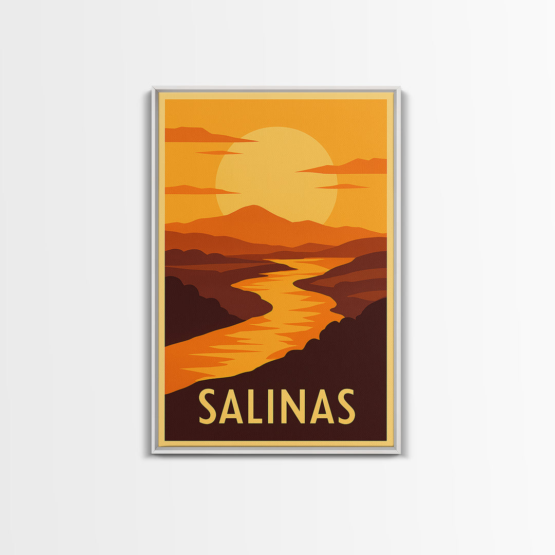 Salinas Travel Poster, Framed Canvas Print, Golden Travel Poster Art, Salinas Poster Print, City Illustration, Vintage City Art