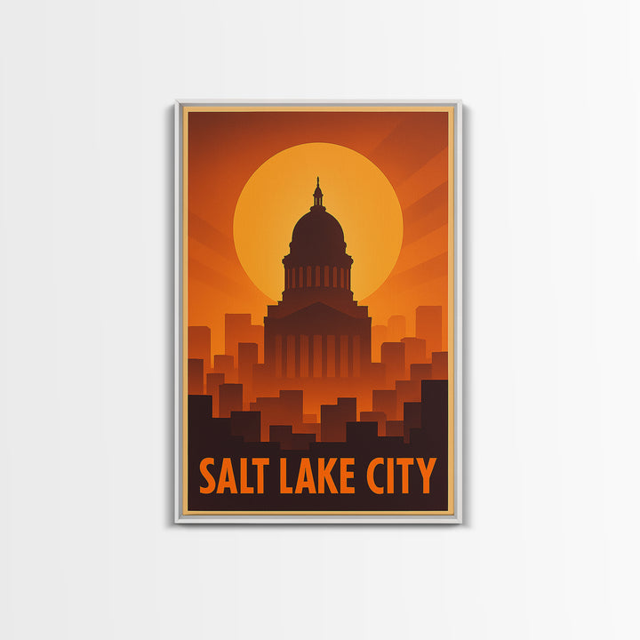 Salt Lake City Travel Poster, Framed Canvas Print, Warm Sunset Silhouette Art, Salt Lake City Travel Art, Home Office Decor, City Poster