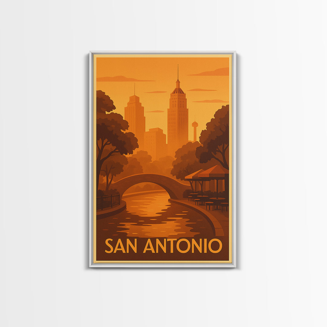San Antonio Travel Poster, Canvas Print, Warm Sunset Silhouette Art, San Antonio Art Print, Modern Wall Decor, Travel Poster Set