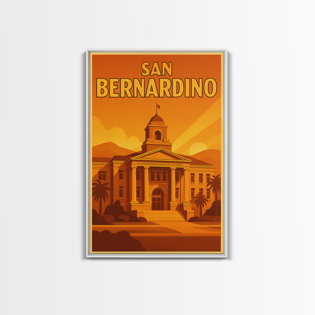 San Bernardino California Travel Poster, Canvas Print, Warm Sunset Silhouette Art, San Bernardino Wall Art, Vintage City Art