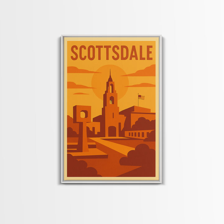 Scottsdale Arizona Travel Poster, Canvas Print, Warm Sunset Silhouette Art, Scottsdale Art Print, Mid Century Wall Art, Vintage Travel Print