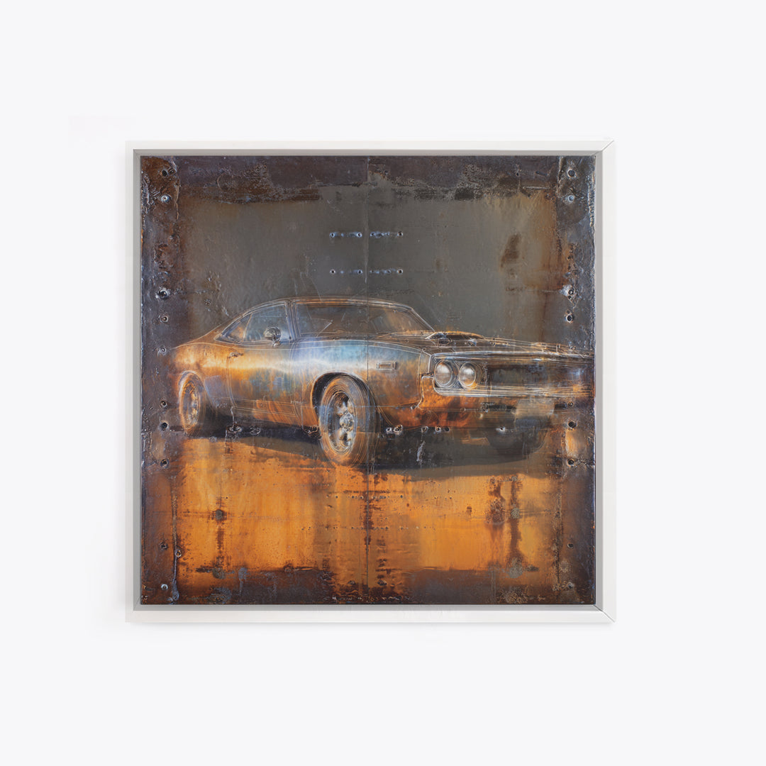 Desert Highway with Muscle Car Silhouette Framed Canvas Print, Garage Art, Garage Decor, Oil Painting, Motor, Art Print, GAR-1x1-21
