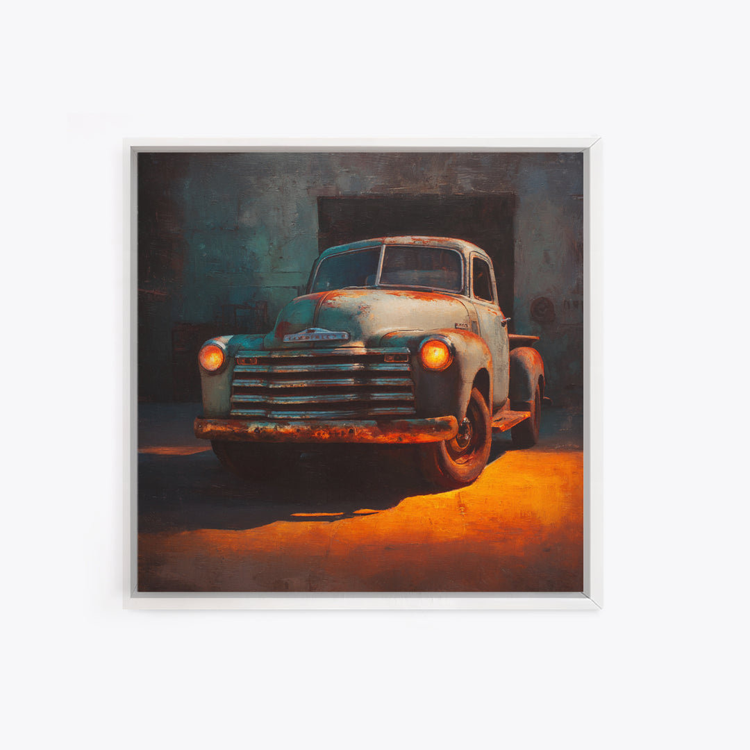 Pickup Truck in Dusty Sunset Light Framed Canvas Print, Garage Art, Tattoo Art, Garage Decor, Oil Painting, Motor, GAR-1x1-37
