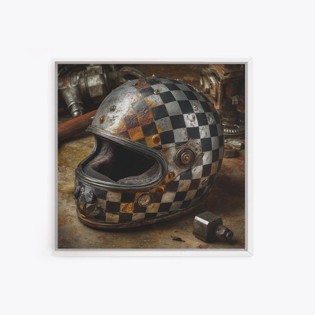 Racing Helmet with Checkered Flag Pattern Framed Canvas Print, Garage Art, Garage Art Pinup, Garage Decor, Fine Art, Motor, GAR-1x1-68