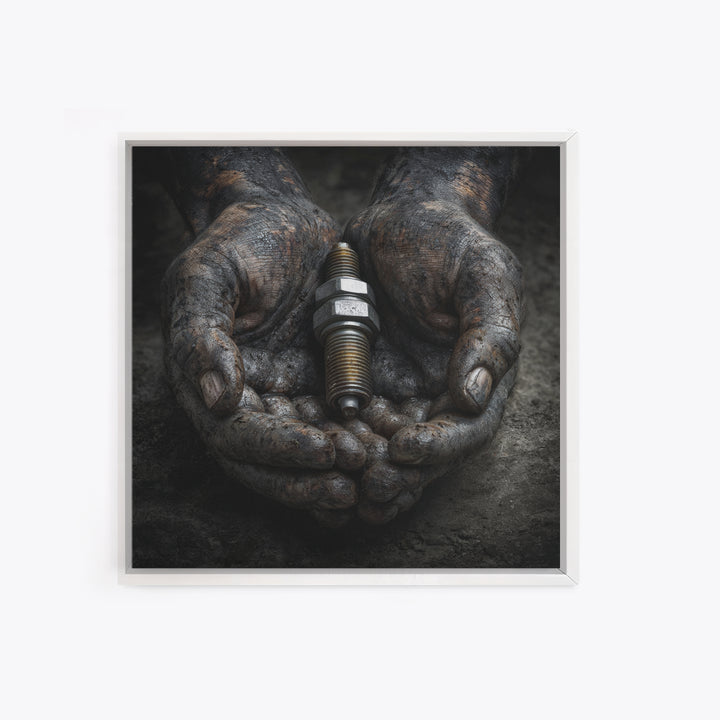 Mechanic Hands Holding a Spark Plug Framed Canvas Print, Garage Art, Gallery Decor, Garage Decor, Fine Art, Motor, GAR-1x1-78