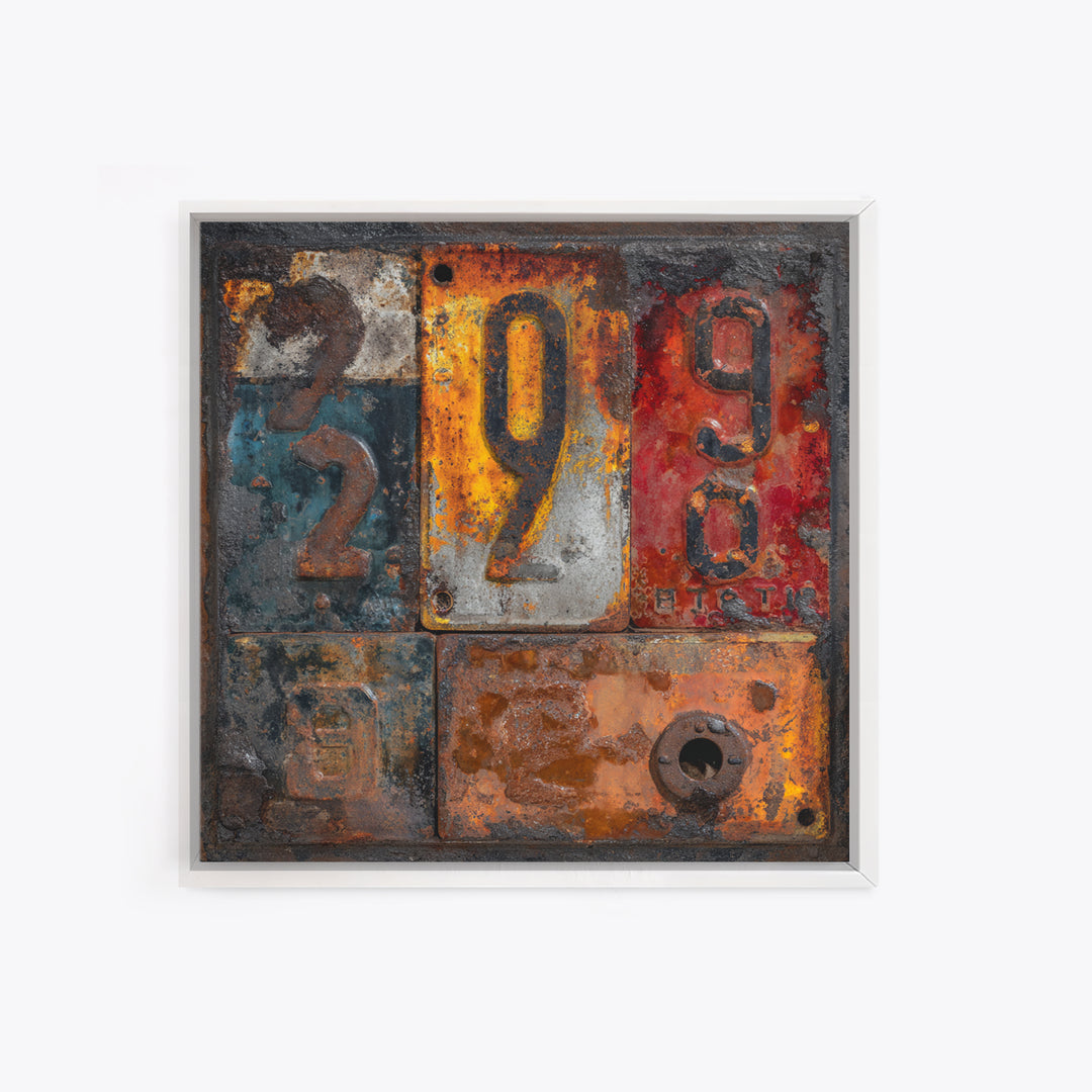 Rusty License Plate Collage Framed Canvas Print, Garage Art, Modern Decor, Garage Decor, Fine Art, Motor, Home Decor, GAR-1x1-80