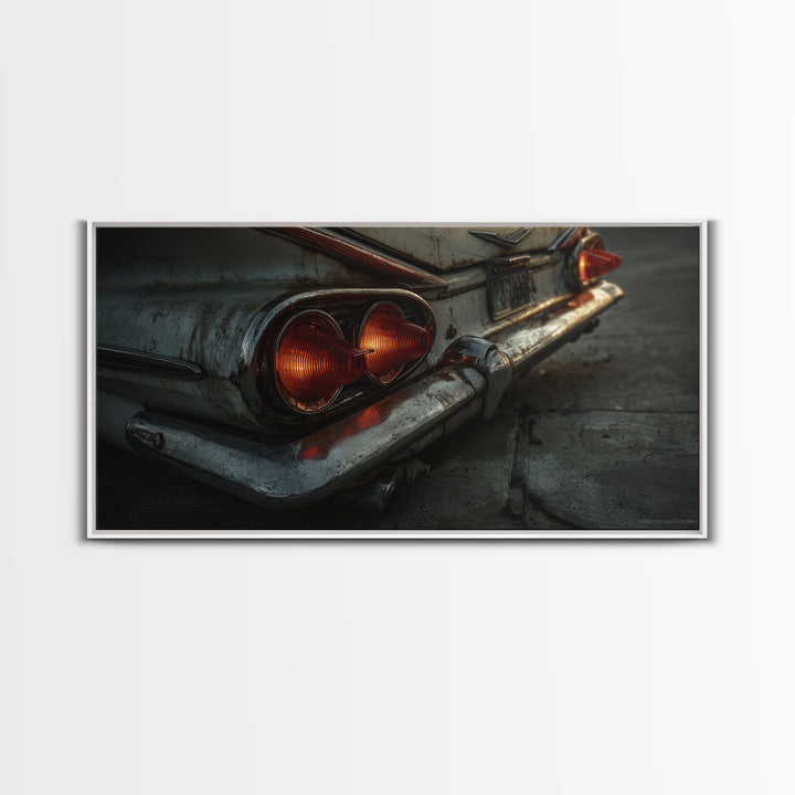 Classic Car Tail Lights Glowing at Dusk Framed Canvas Print, Garage Art, Art Print, Garage Decor, Motor, Canvas Wall Art, GAR-2x1-12
