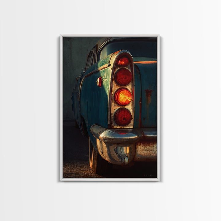 Classic Car Tail Lights Glowing at Dusk Framed Canvas Print, Garage Art, Automotive Decor, Garage Decor, Fine Art, Motor, GAR-2x3-24