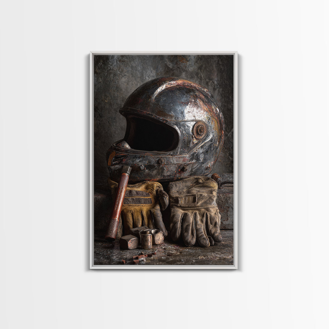 Motorcycle Helmet and Leather Gloves Still Life Framed Canvas Print, Garage Art, Decor, Garage Decor, Abstract Art, Motor, GAR-2x3-41