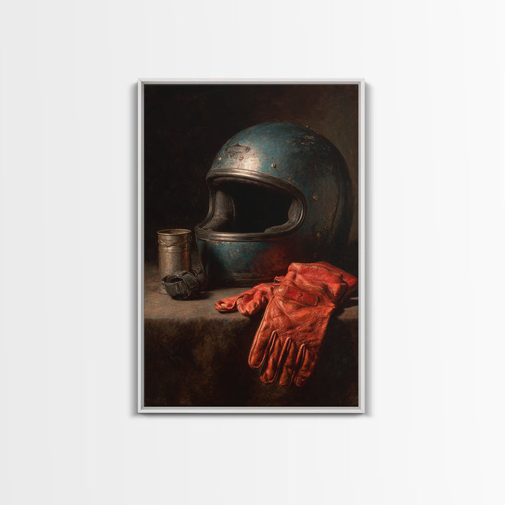 Motorcycle Helmet and Leather Gloves Still Life Canvas Print, Garage Art, Canvas Print, Garage Decor, Fine Art, Motor, GAR-2x3-65
