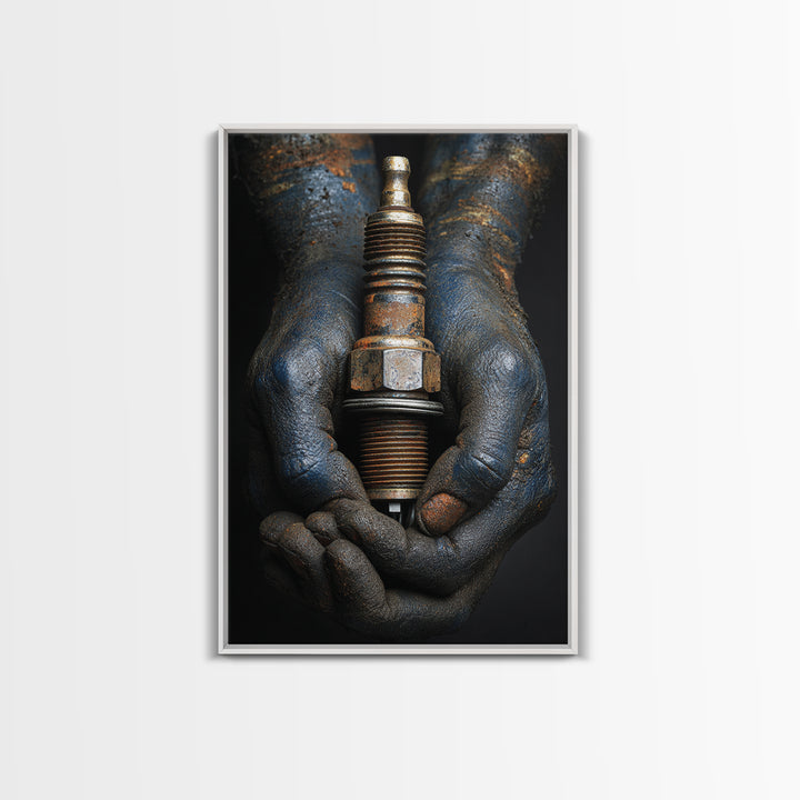 Mechanic Hands Holding a Spark Plug Canvas Print, Garage Art, Garage Decor, Abstract Art, Motor, Game Room Decor, GAR-2x3-86