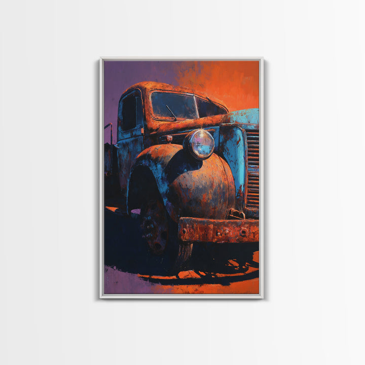 Pickup Truck in Dusty Sunset Light Framed Canvas Print, Garage Art, Metal Art, Garage Decor, Motor, Garage Art Poster Download, GAR-2x3-93