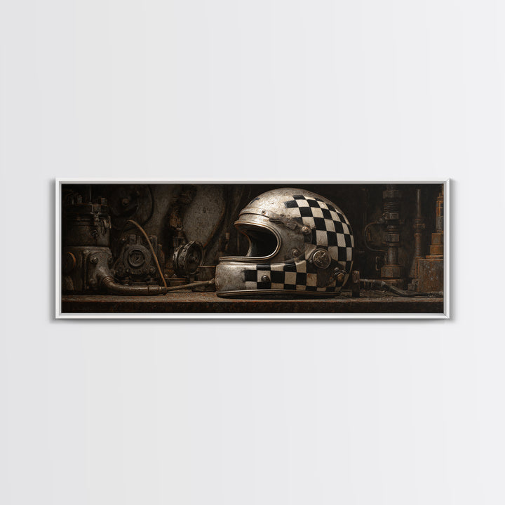 Racing Helmet with Checkered Flag Pattern Framed Canvas Print, Garage Art, Automotive Decor, Garage Decor, Fine Art, Motor, GAR-3x1-12