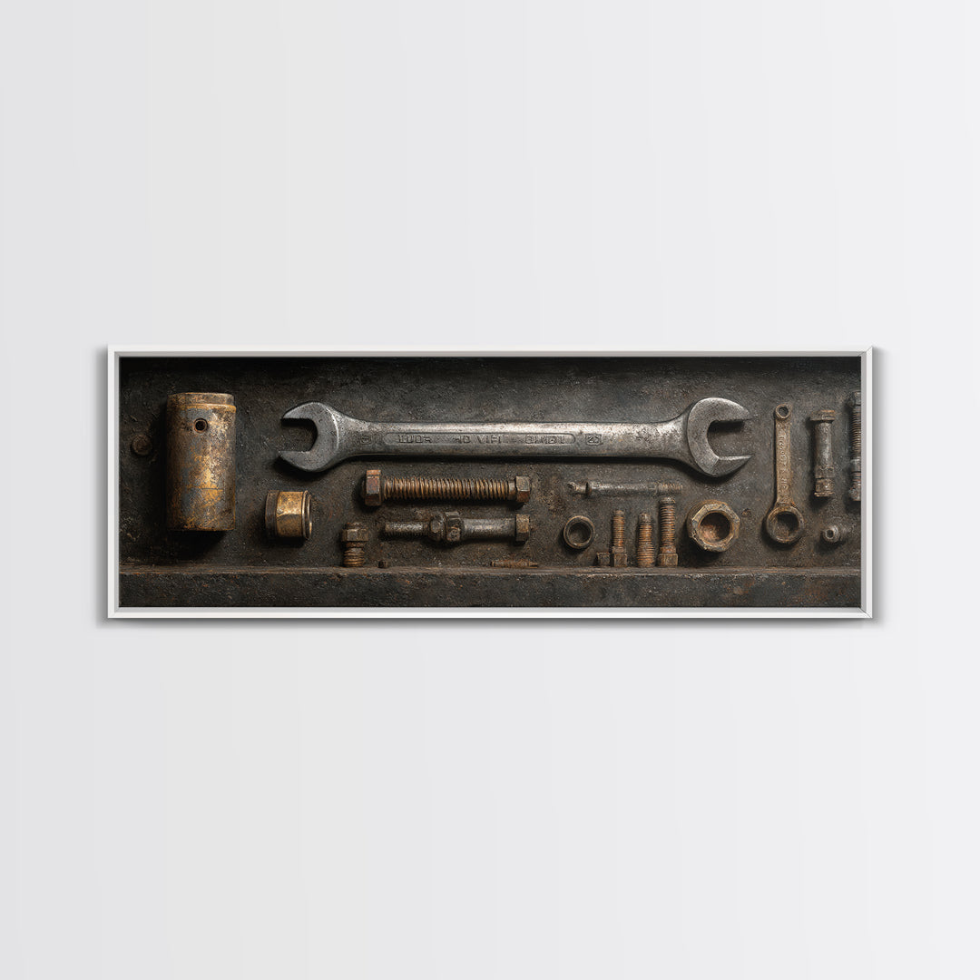 Wrench and Bolts Arranged Like Old Master Canvas Print, Garage Art, Canvas Wall Art, Garage Decor, Abstract Art, Motor, GAR-3x1-34
