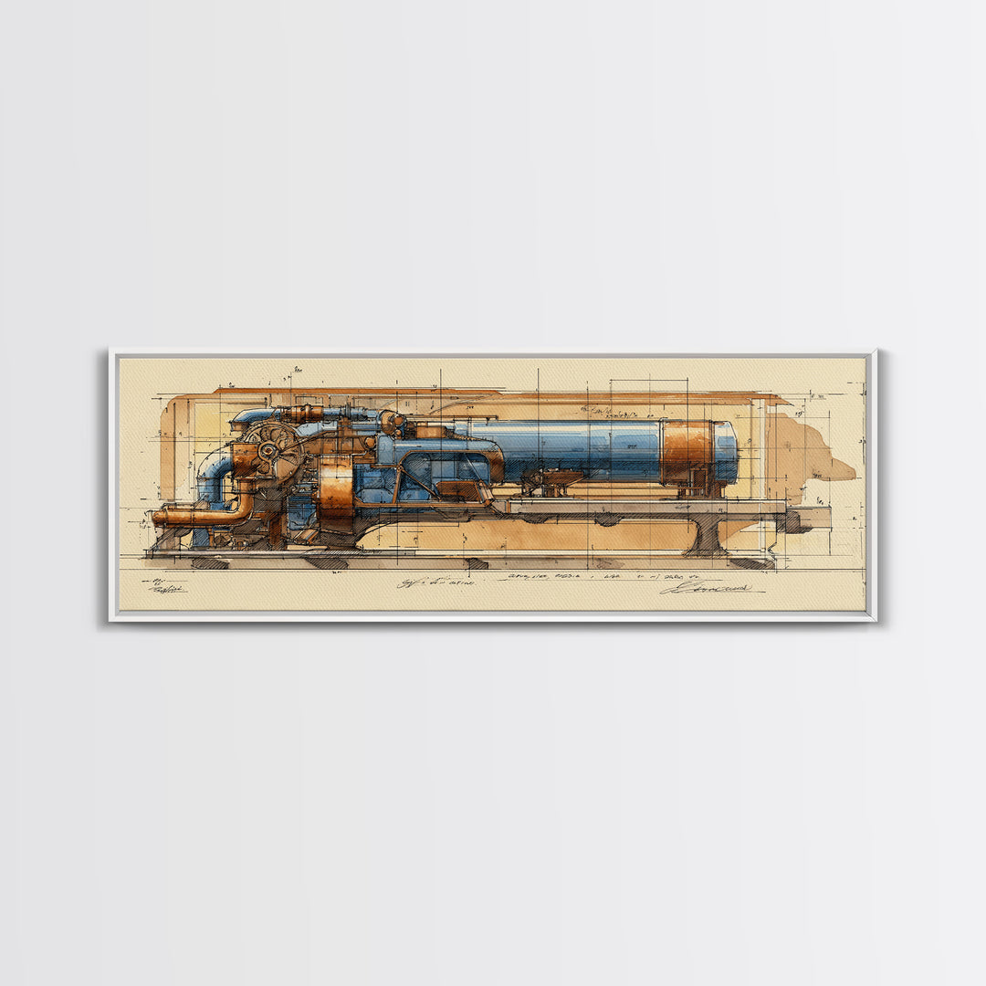 Engine Blueprint Technical Drawing Framed Canvas Print, Garage Art, Decor, Garage Decor, Fine Art, Motor, Car Wall Art, GAR-3x1-51