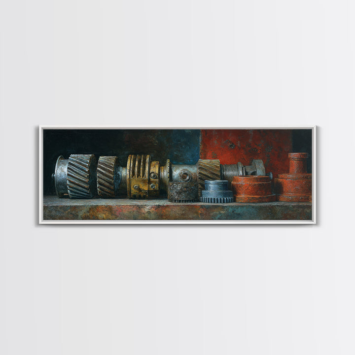 Camshaft and Gears Industrial Still Life Framed Canvas Print, Garage Art, Contemporary Art, Garage Decor, Fine Art, Motor, GAR-3x1-55