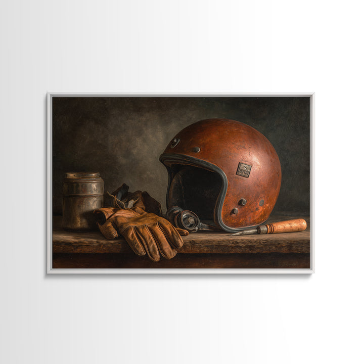 Motorcycle Helmet and Leather Gloves Still Life Canvas Print, Garage Art, Black and White Art, Garage Decor, Motor, Boho Decor, GAR-3x2-13