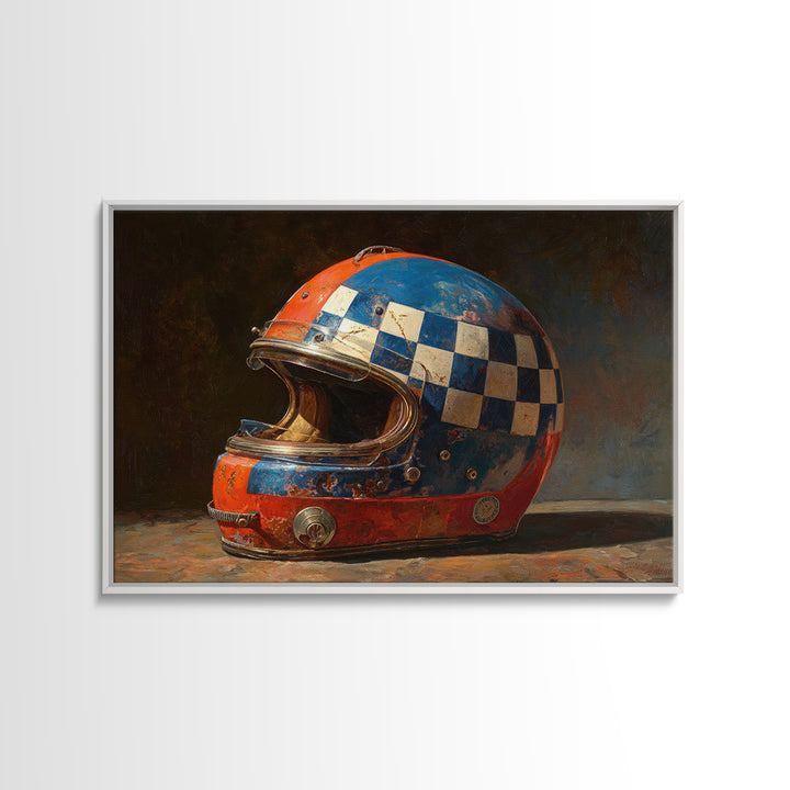 Racing Helmet with Checkered Flag Pattern Framed Canvas Print, Garage Art, Black and White Art, Garage Decor, Fine Art, Motor, GAR-3x2-24