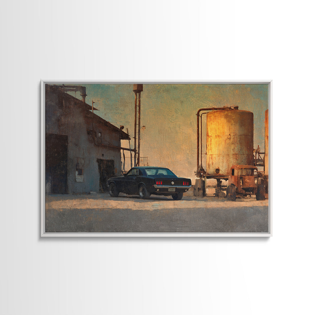 Desert Highway with Muscle Car Silhouette Framed Canvas Print, Garage Art, Game Room Decor, Garage Decor, Fine Art, Motor, GAR-3x2-25