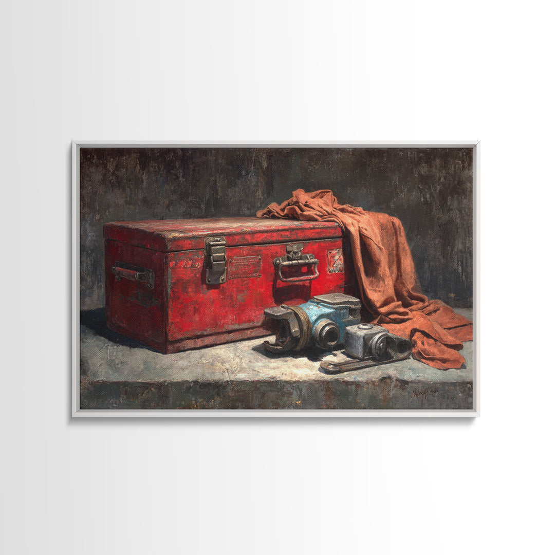 Old Toolbox with Oil Stained Rag Still Framed Canvas Print, Garage Art, Automotive Decor, Garage Decor, Fine Art, Motor, GAR-3x2-31