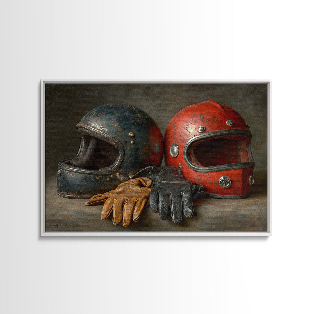 Motorcycle Helmet and Leather Gloves Still Life Canvas Print, Garage Art, Game Room Art, Garage Decor, Oil Painting, Motor, GAR-3x2-37