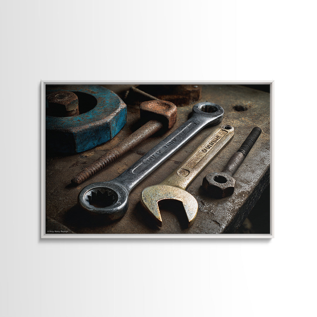 Wrench and Bolts Arranged Like Old Master Framed Canvas Print, Garage Art, Car Art, Garage Decor, Motor, Garage Art Poster, GAR-3x2-70