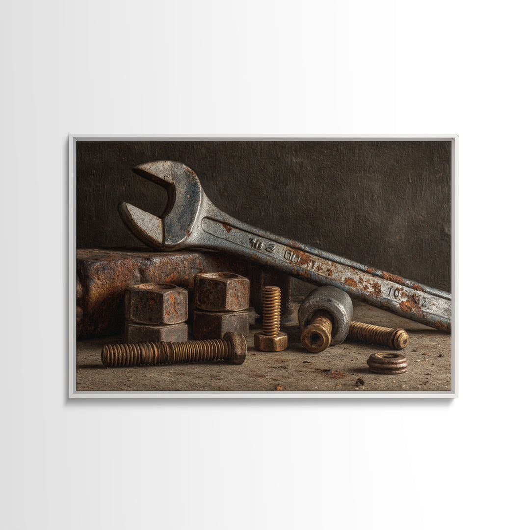 Wrench and Bolts Arranged Like Old Master Canvas Print, Garage Art, Industrial Wall Art, Garage Decor, Abstract Art, Motor, GAR-3x2-94