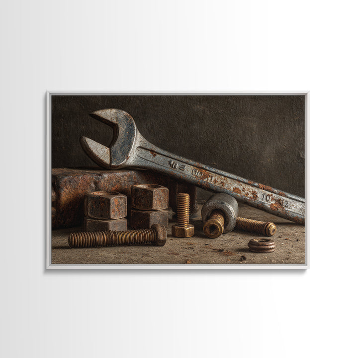 Wrench and Bolts Arranged Like Old Master Canvas Print, Garage Art, Industrial Wall Art, Garage Decor, Abstract Art, Motor, GAR-3x2-94