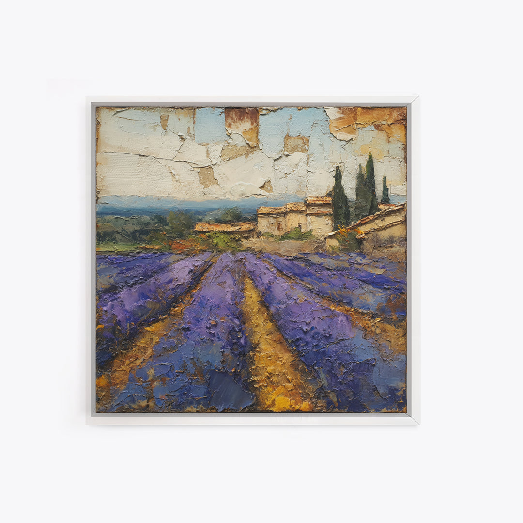 Lavender Field under Pale Sky Framed Canvas Print, Guest Bedroom Art, Bedroom Wall Art, Bedroom Decor, Oil Painting, Guest, GBA-1x1-43