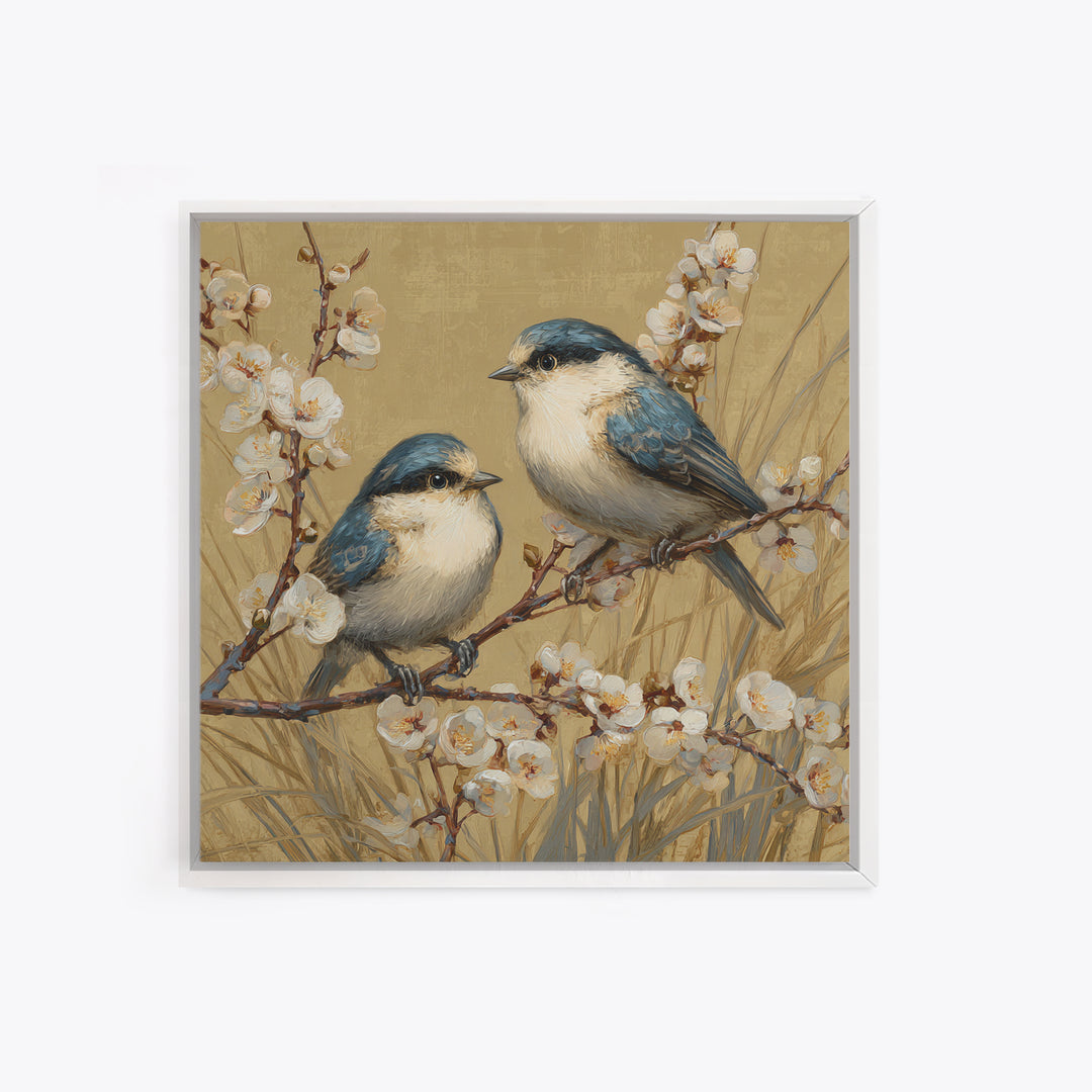 Small Bird Pair on Flowering Branch Framed Canvas Print, Guest Bedroom Art, Living Room Wall Art, Bedroom Decor, Watercolor Art, GBA-1x1-52