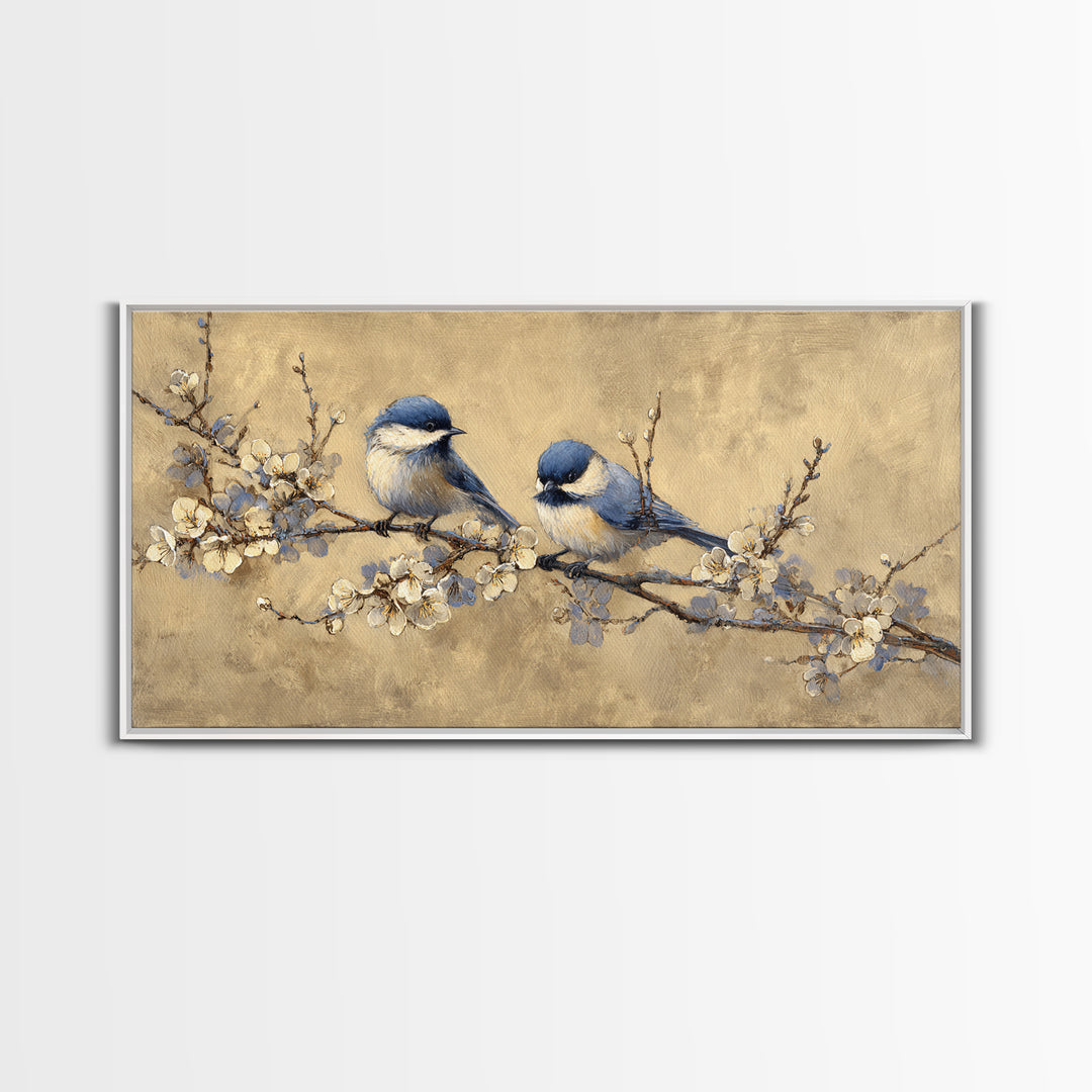 Small Bird Pair on Flowering Branch Framed Canvas Print, Guest Bedroom Art, Bedroom Decor, Oil Painting, Guest, GBA-2x1-24