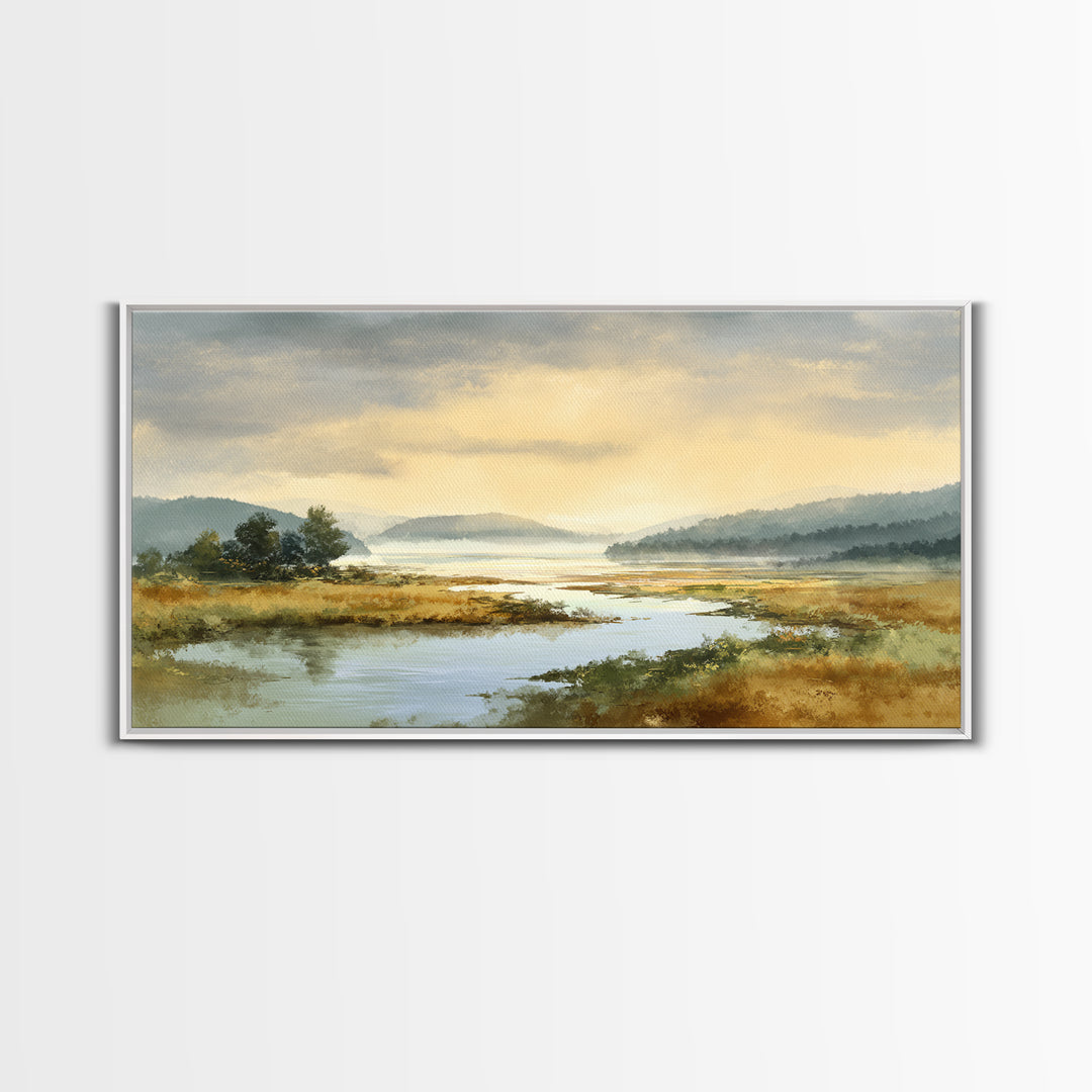 Quiet Lake Landscape at Early Morning Canvas Print, Guest Bedroom Art, Wall Decor, Bedroom Decor, Oil Painting, Guest, GBA-2x1-70