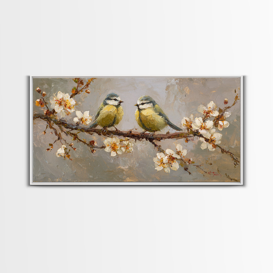 Small Bird Pair on Flowering Branch Framed Canvas Print, Guest Bedroom Art, Bedroom Decor, Watercolor Art, Guest, GBA-2x1-72