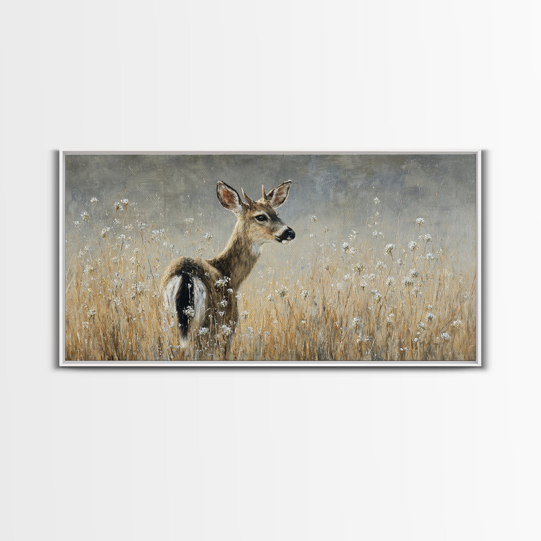 Sunlit Meadow with Delicate Flowers Framed Canvas Print, Guest Bedroom Art, Bedroom Decor, Oil Painting, Guest, GBA-2x1-83