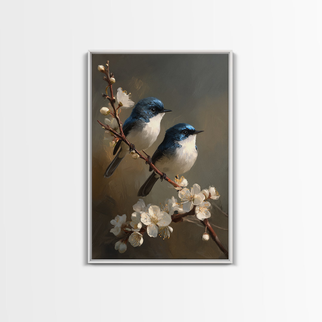 Small Bird Pair on Flowering Branch Framed Canvas Print, Guest Bedroom Art, Minimalist Decor, Bedroom Decor, Fine Art, Guest, GBA-2x3-12