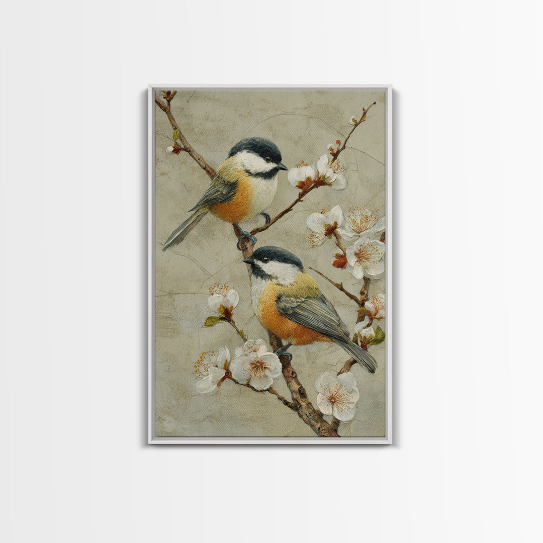 Small Bird Pair on Flowering Branch Framed Canvas Print, Guest Bedroom Art, Cat Wall Art, Bedroom Decor, Fine Art, Guest, GBA-2x3-36