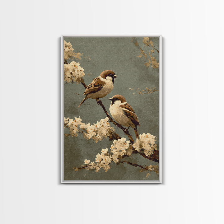 Small Bird Pair on Flowering Branch Framed Canvas Print, Guest Bedroom Art, Wall Art, Bedroom Decor, Watercolor Art, Guest, GBA-2x3-60