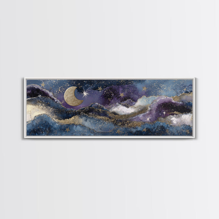 Minimal Moon and Stars Composition Framed Canvas Print, Guest Bedroom Art, New Home, Bedroom Decor, Watercolor Art, Guest, GBA-3x1-32