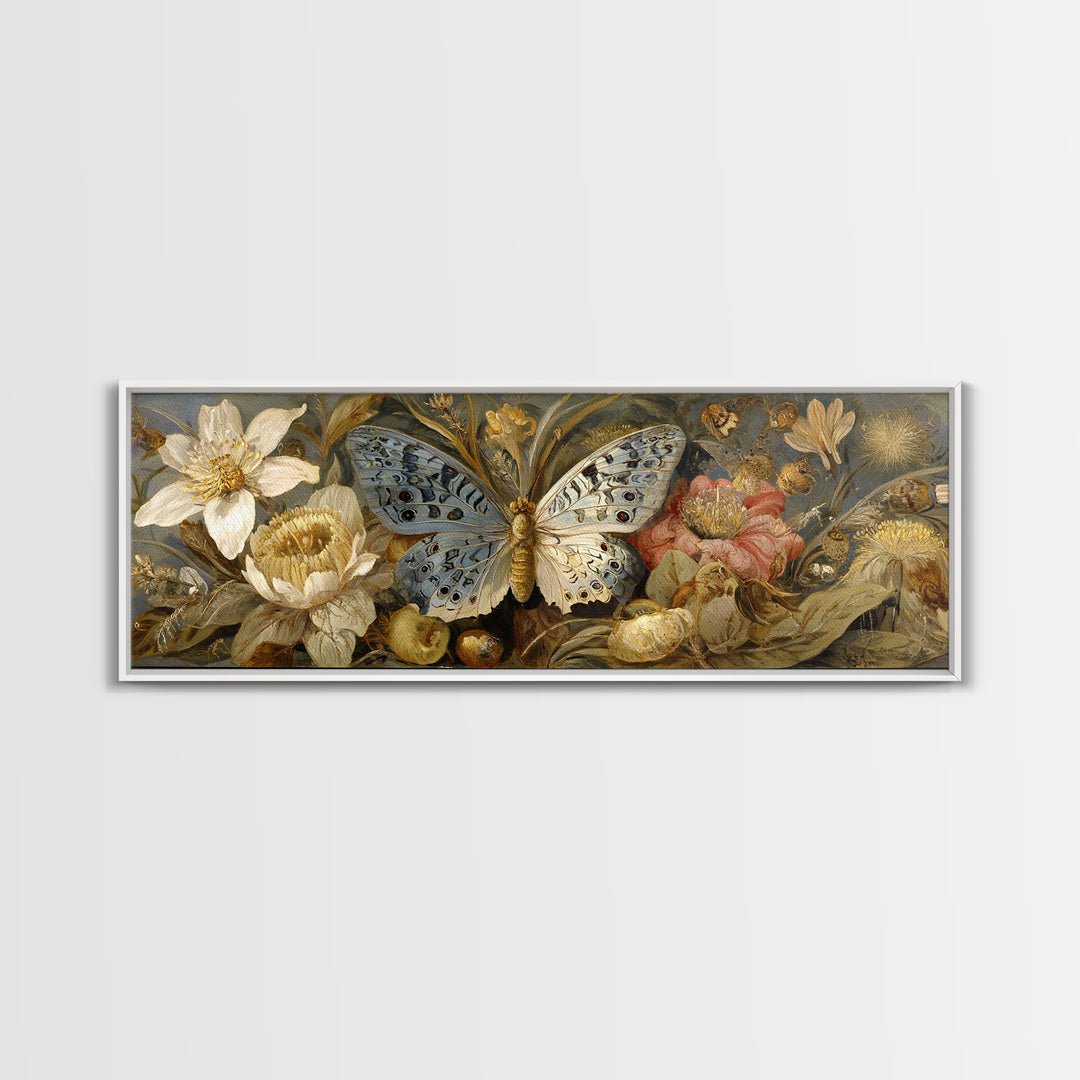 Garden Butterfly and Flowers Specimen Study Canvas Print, Guest Bedroom Art, Fine Art Print, Bedroom Decor, Oil Painting, Guest, GBA-3x1-39