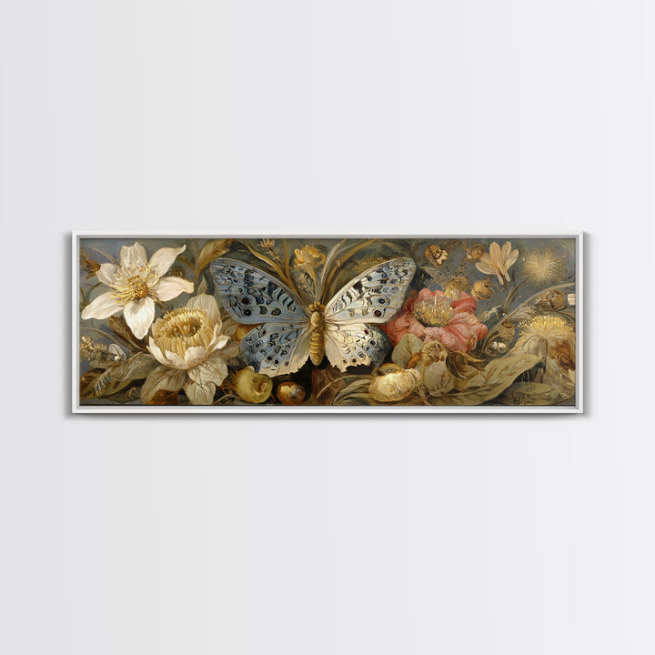 Garden Butterfly and Flowers Specimen Study Canvas Print, Guest Bedroom Art, Fine Art Print, Bedroom Decor, Oil Painting, Guest, GBA-3x1-39