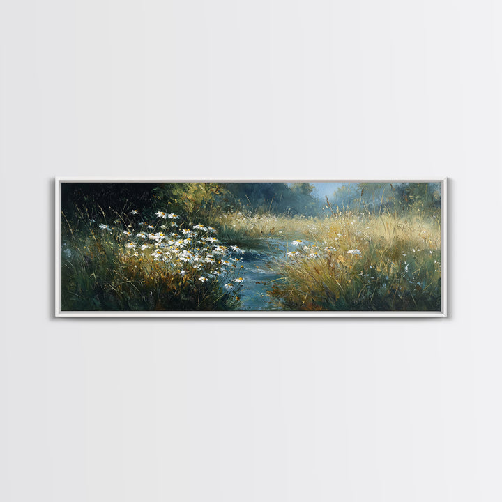 Sunlit Meadow with Delicate Flowers Framed Canvas Print, Guest Bedroom Art, Bedroom Decor, Oil Painting, Guest, GBA-3x1-55