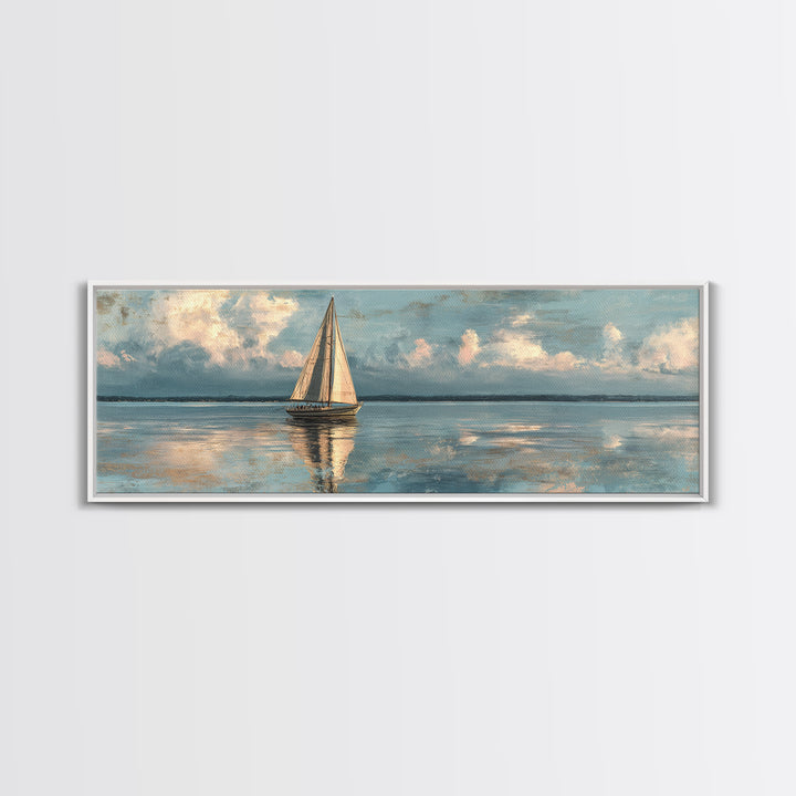 Soft Watercolor Sailboat on Quiet Water Framed Canvas Print, Guest Bedroom Art, New Home Gift, Bedroom Decor, Fine Art, Guest, GBA-3x1-58