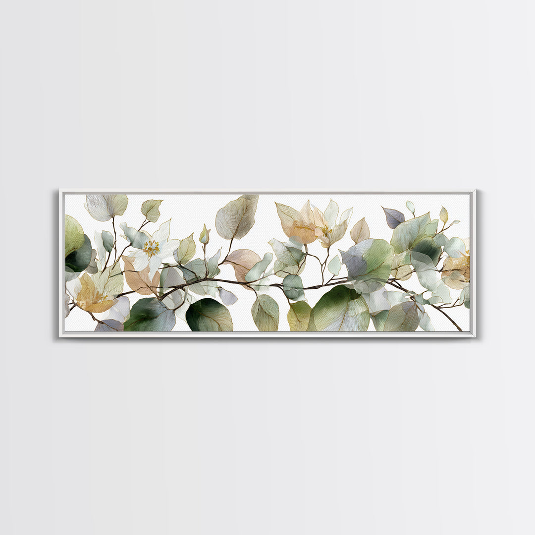 Calming Eucalyptus Watercolor Branches Framed Canvas Print, Guest Bedroom Art, Pink Wall Art, Bedroom Decor, Fine Art, Guest, GBA-3x1-74