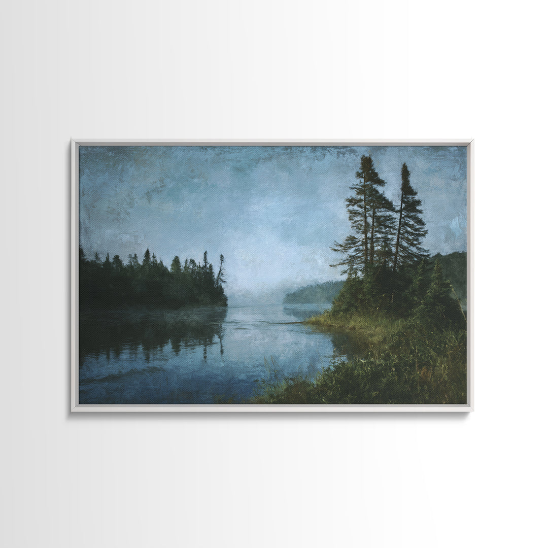 Quiet Lake Landscape at Early Morning Framed Canvas Print, Guest Bedroom Art, Bedroom Decor, Fine Art, Guest, Above Bed Decor, GBA-3x2-6