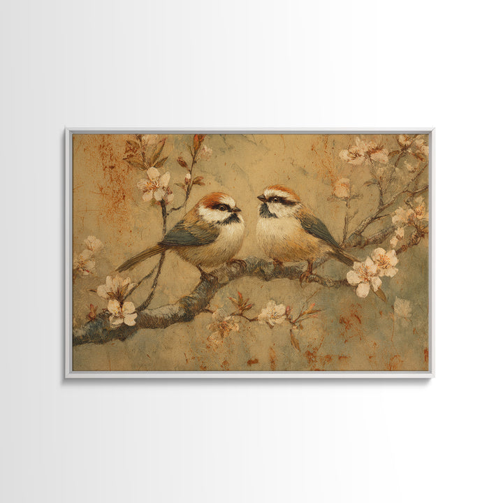 Small Bird Pair on Flowering Branch Framed Canvas Print, Guest Bedroom Art, Statement Artwork, Bedroom Decor, Fine Art, Guest, GBA-3x2-80