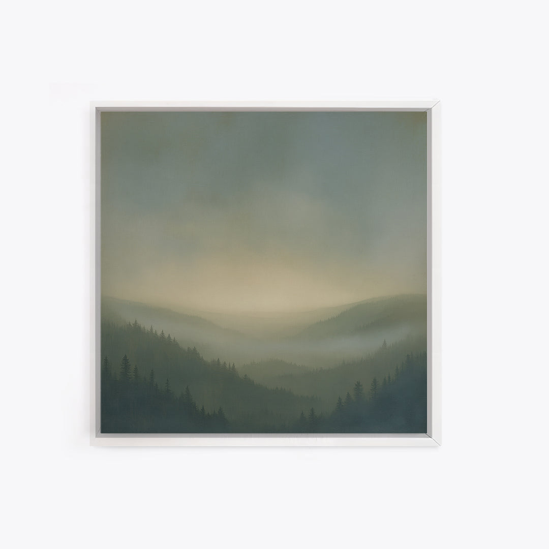Misty Mountain Valley Framed Canvas Print, General Fine Art, Digital Print, Living Room Decor, Watercolor Art, GEN-1x1-100
