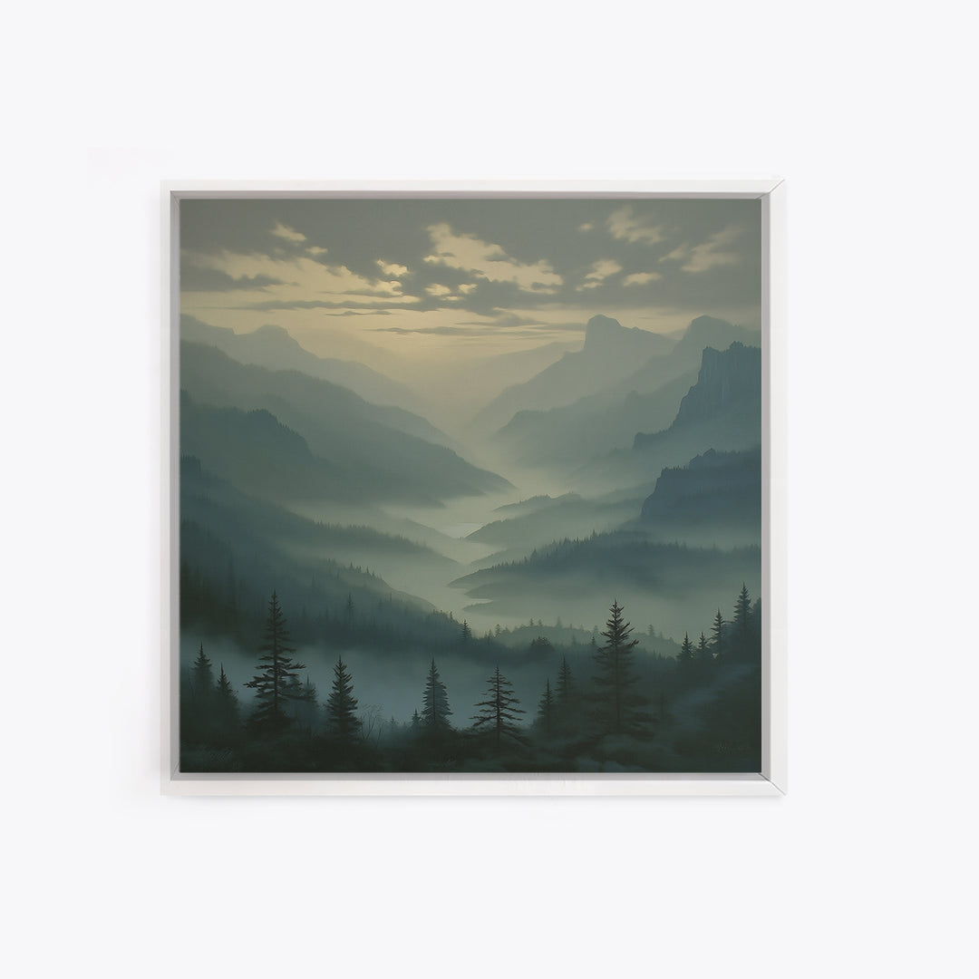 Misty Mountain Valley Framed Canvas Print, General Fine Art, Decor, Living Room Decor, Fine Art, Digital Wall Art, GEN-1x1-28