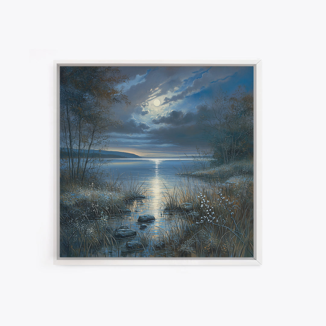 Dreamlike Moonlit Lake Framed Canvas Print, General Fine Art, Boho Decor, Living Room Decor, Fine Art, Wall Decor, GEN-1x1-61
